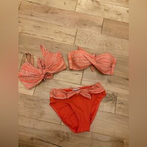 Robin Piccone Isla Bikini Set S Orange White Print Bandeau + Halter Tops 3pc